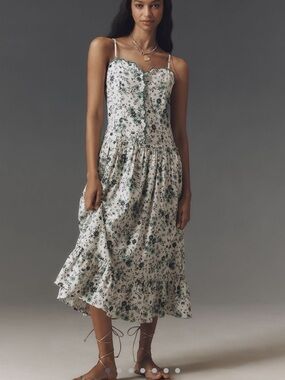 NWT Anthropologie Drop-waist Spaghetti Strap Midi Dress in White & Green